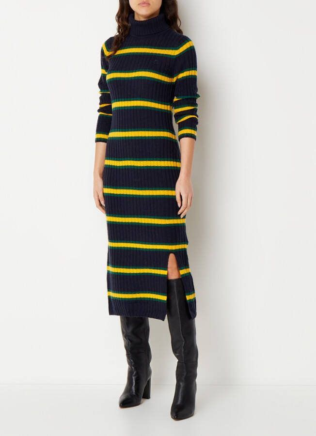 Tommy Hilfiger Ribgebreide midi trui jurk met col en streepprint