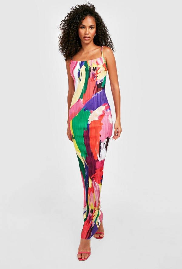 boohoo Abstracte Plisse Maxi Jurk Met Waterval Hals, Multi