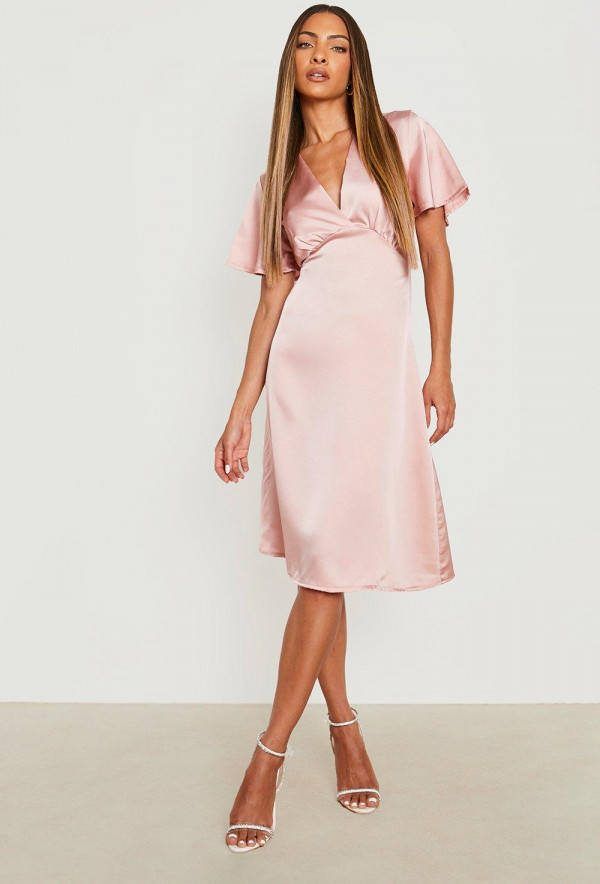 boohoo Satijnen Midi Jurk Met Engelenmouwen, Rose Pink
