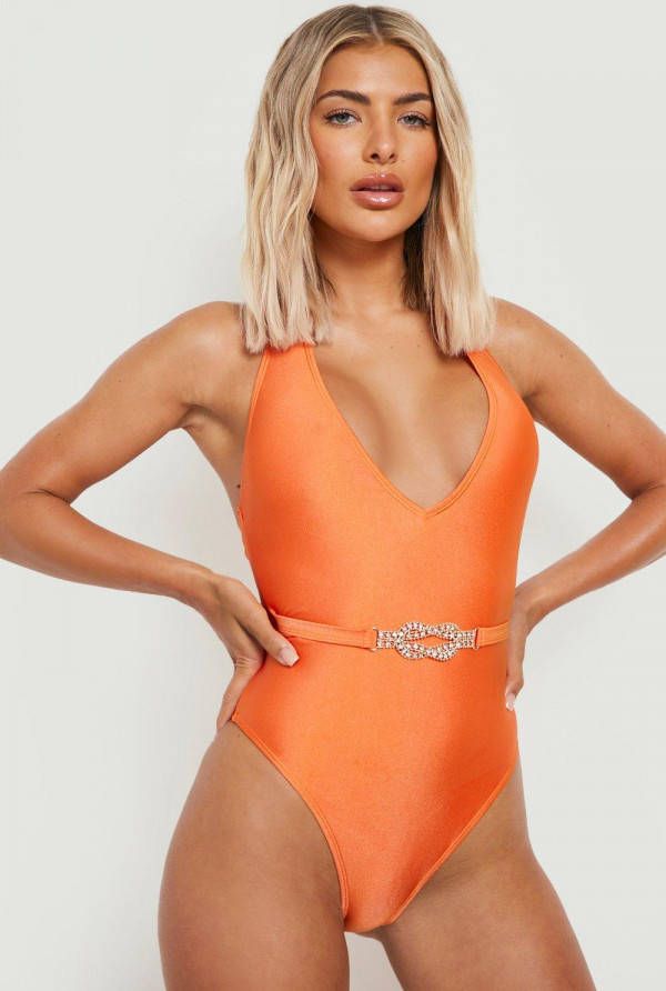 boohoo Badpak Met Steentjes, Ceintuur En Laag Decolleté,, Golden Orange