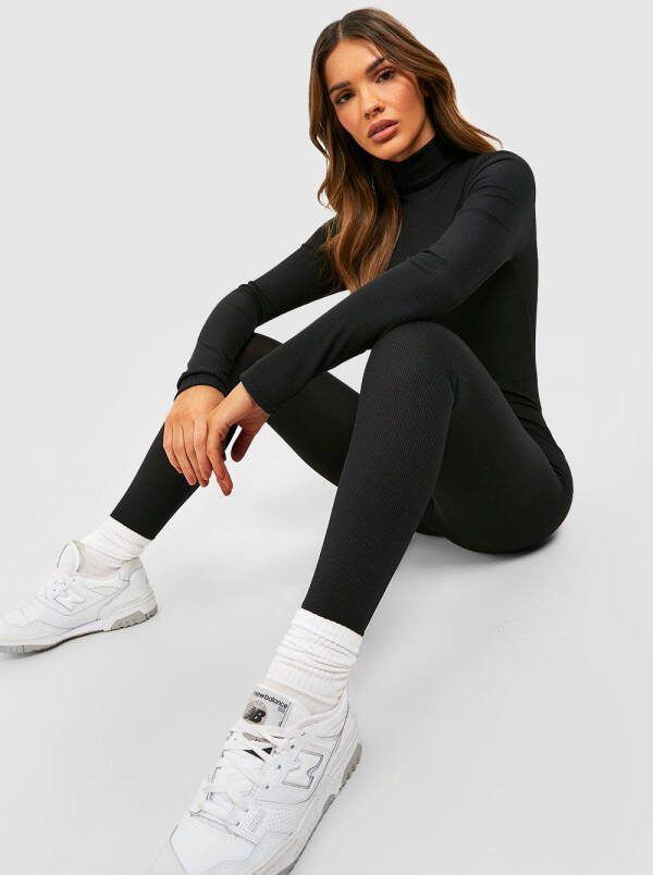 boohoo Basic Geribbelde Contour Unitard Jumpsuit Met Col, Black