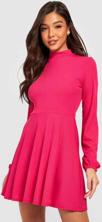 boohoo Basic Geribbelde Skater Jurk Met Hoge Hals, Hot Pink