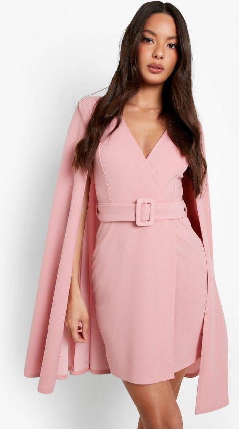 boohoo Blazer Jurk Met Laag Decollet&#xE9,, Cape Detail En Ceintuur, Dusky Pink