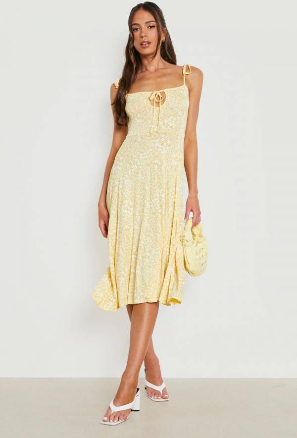 boohoo Bloemen Midaxi Jurk Met Schouderstrikjes, Yellow