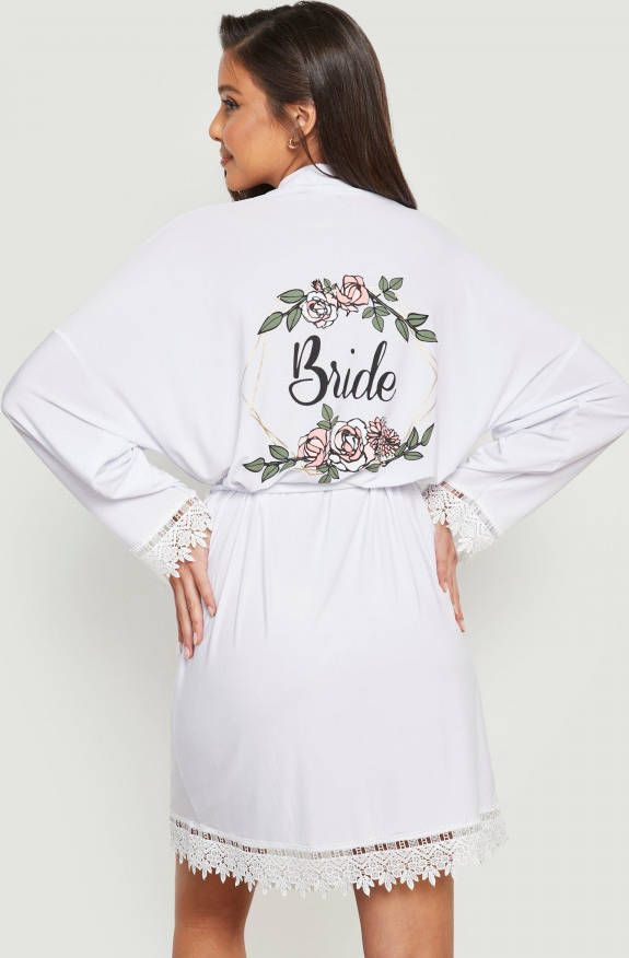 boohoo Bride Bloemen Badjas Met Kanten Zoom, White