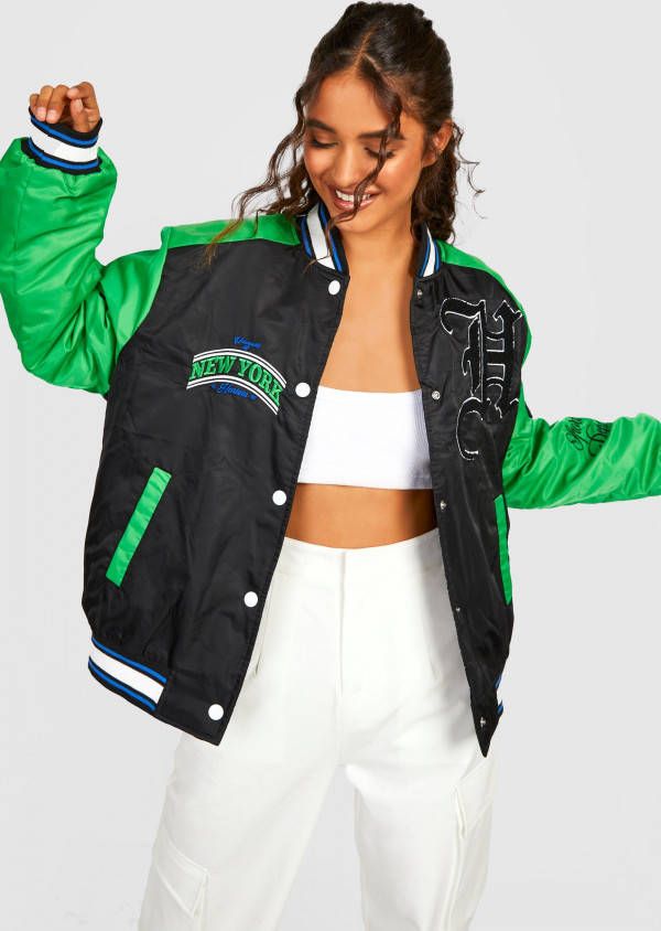 boohoo Color Block Varsity Bomberjack Met Patch, Green