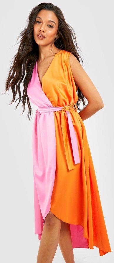 boohoo Colour Block Midi Jurk Met Ceintuur, Orange