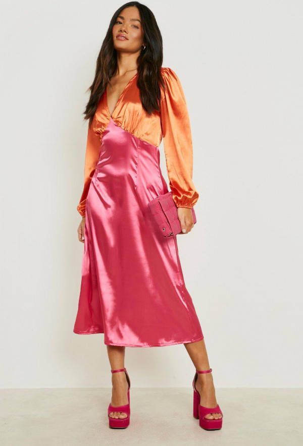 boohoo Contrasterende Satijnen Midi Jurk, Orange