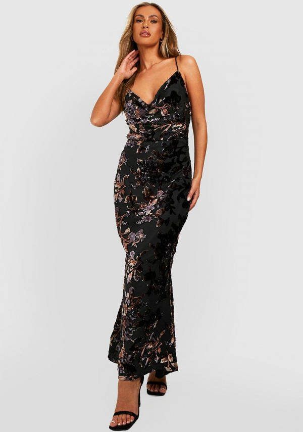 boohoo Devore Midi Jurk Met Waterval Hals, Purple