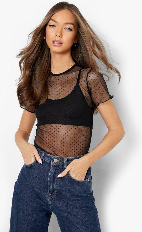 boohoo Dobby Mesh Top Met Geribbelde Zoom, Black