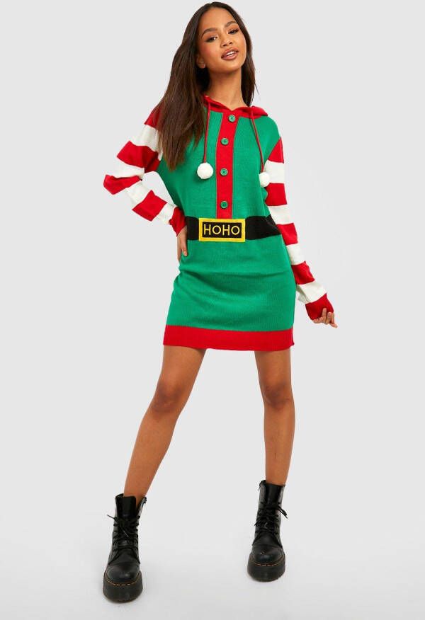 boohoo Elf Kersttrui Jurk Met Capuchon, Green