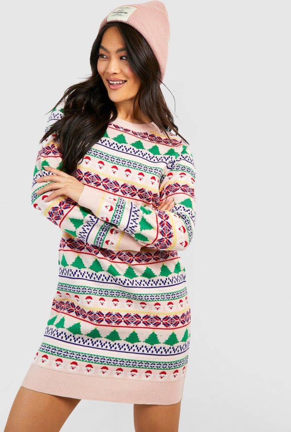 boohoo Gebreide Bloemen Kersttrui Jurk, Pink