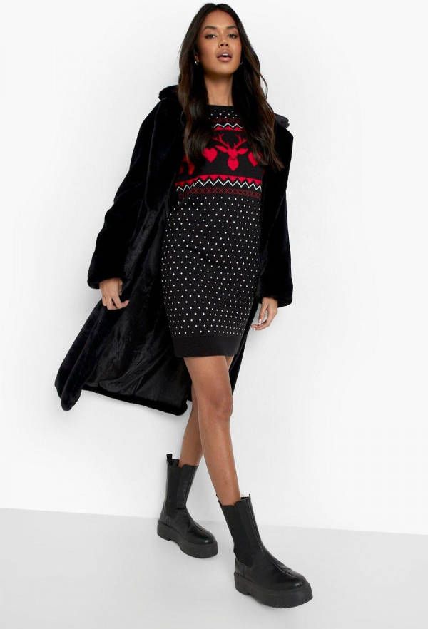 boohoo Gebreide Hartjes Kerst Sweatshirt Jurk, Black