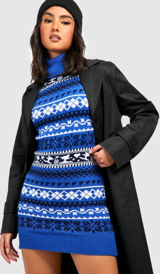 boohoo Gebreide Kersttrui Jurk Met Col, Blue