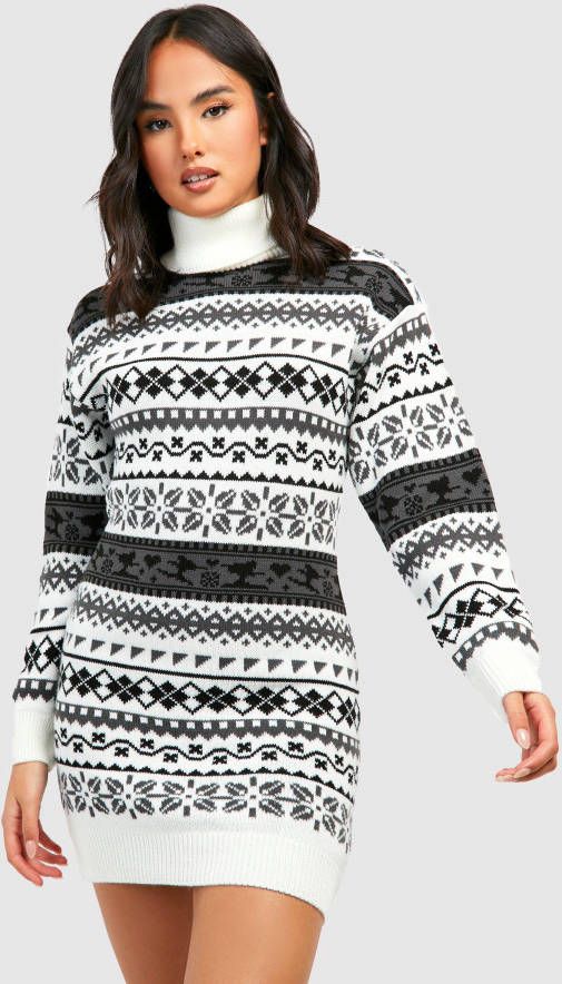 boohoo Gebreide Kersttrui Jurk Met Col, Cream