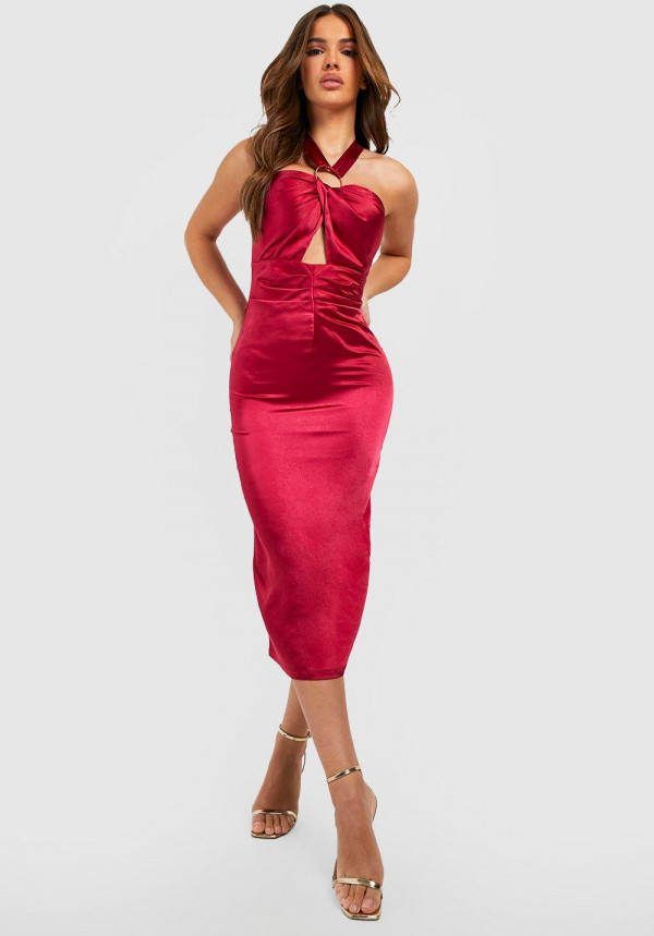 boohoo Gedraaide Satijnen Midi Jurk, Berry