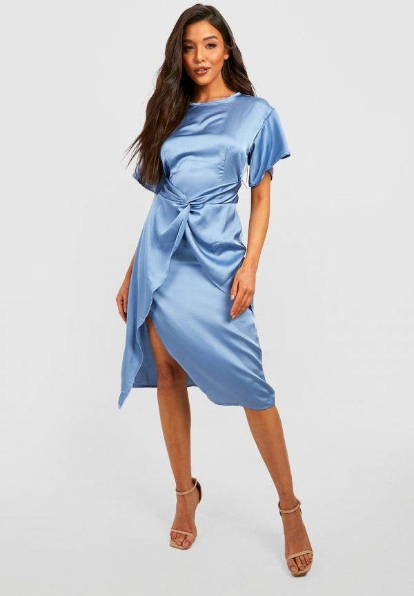 boohoo Gedraaide Satijnen Midi Jurk, Dusty Blue