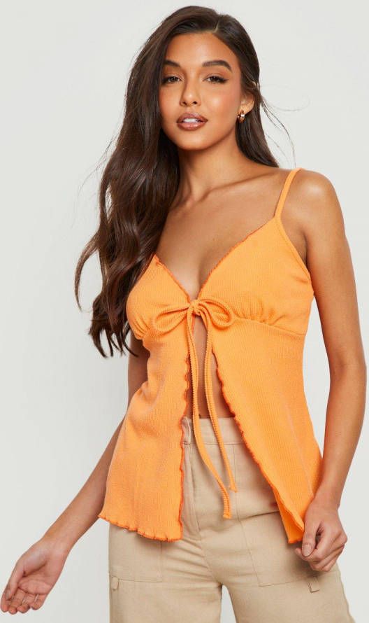 boohoo Gekreukeld Geribbeld Hemdje Met Strik, Orange