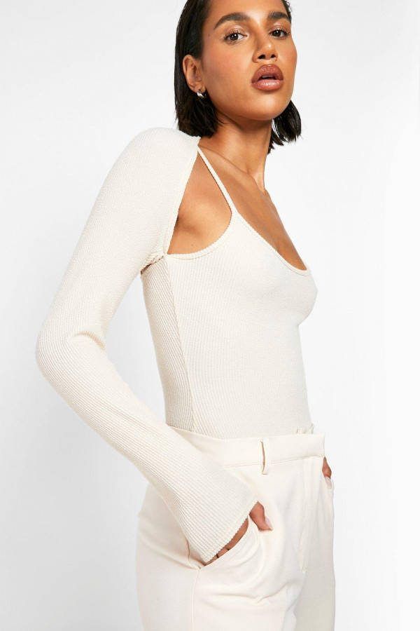 boohoo Gekreukelde Geribbelde Cut Out One Piece, Stone