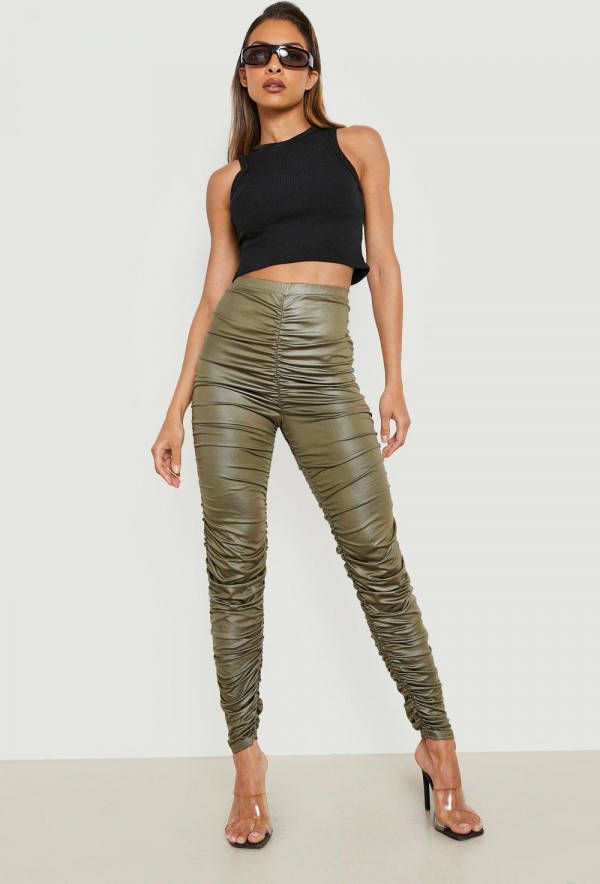 boohoo Geplooide Leren Leggings, Khaki