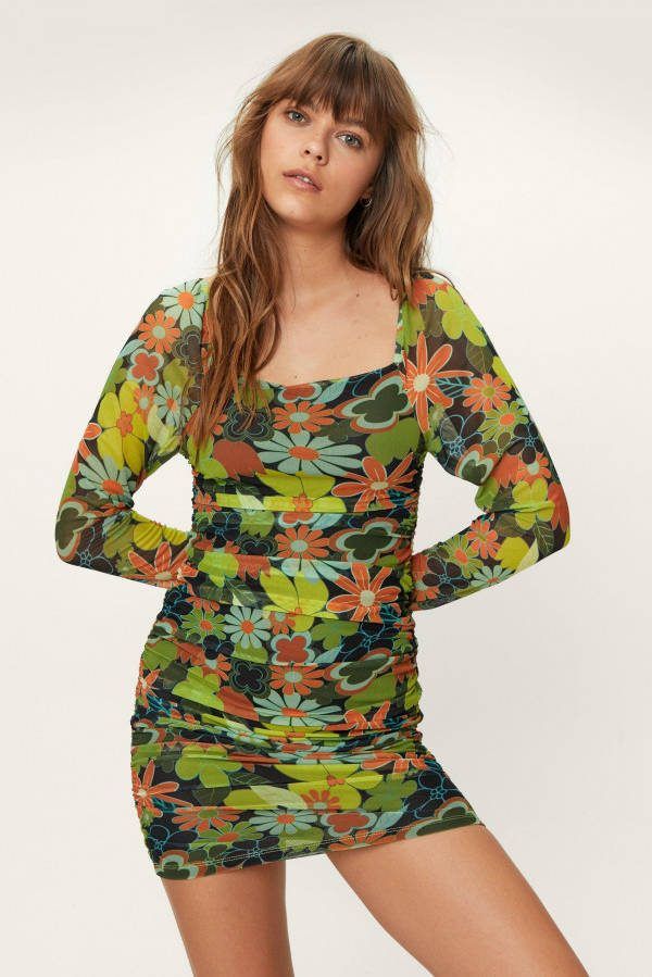boohoo Geplooide Retro Mesh Bloemen Mini Jurk, Multi