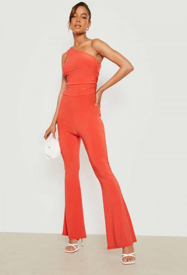 boohoo Geplooide Strakke Jumpsuit Met Eé, n Open Schouder En Wijde Pijpen Leg, Orange