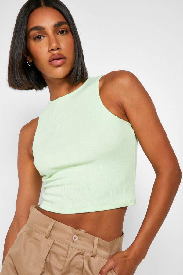boohoo Geribbeld Hemd Met Racer Hals, Lime