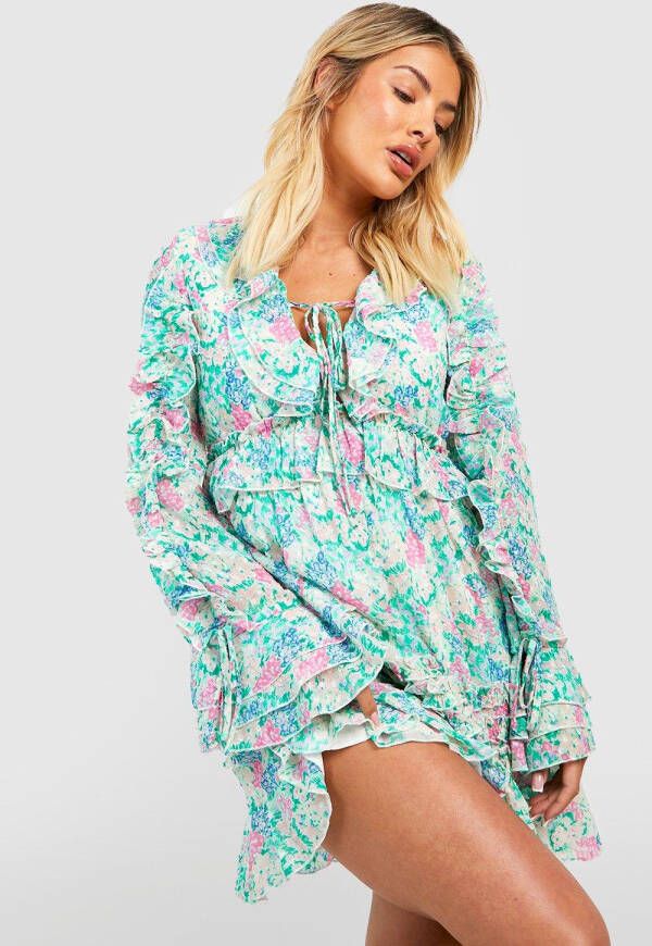 boohoo Gesmokte Bloemen Jurk Met Ruches En Strik, Multi