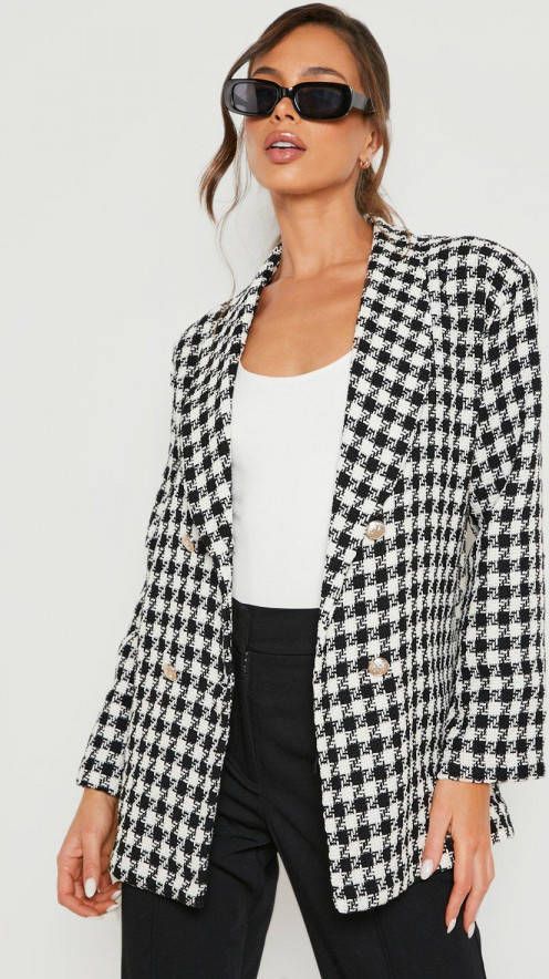 boohoo Getailleerde Premium Bouclé, Dogtooth Blazer, Black
