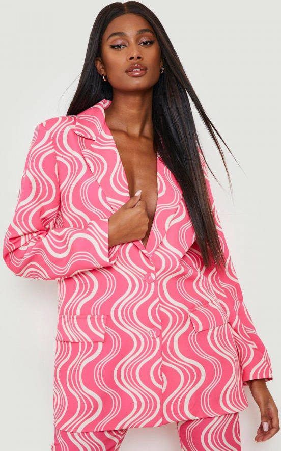 boohoo Getailleerde Retro Print Blazer Met Laag Decolleté,, Pink