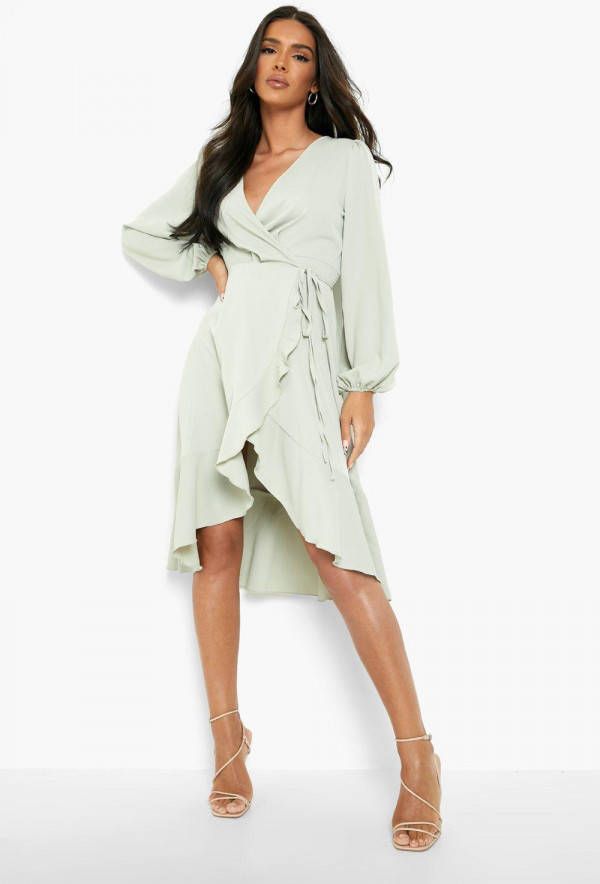 boohoo Geweven Midi Wikkel Skater Jurk Met Ruches, Sage