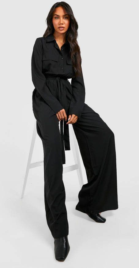 boohoo Geweven Wide Leg Jumpsuit Met Kraag, Black