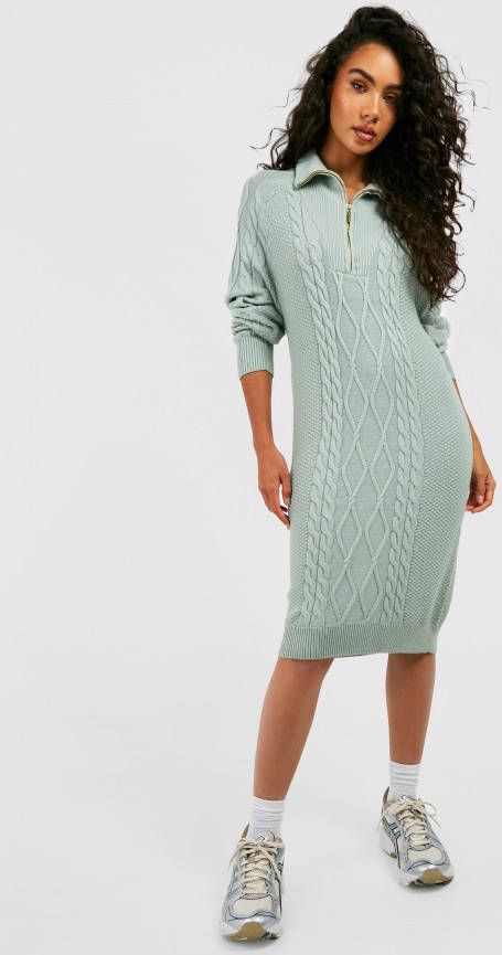 boohoo Grof Gebreide Trui Jurk Met Korte Rits En Kraag, Sage