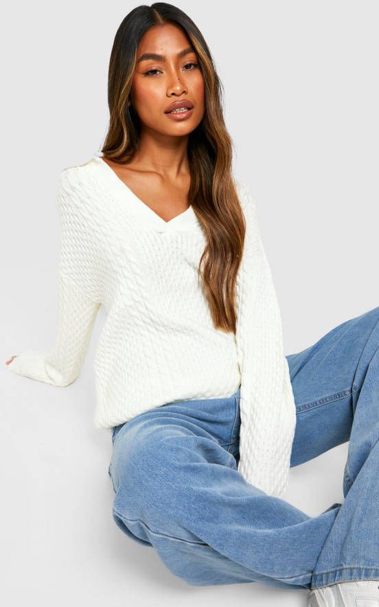 boohoo Grof Gebreide Trui Met Kraag Detail, Ecru