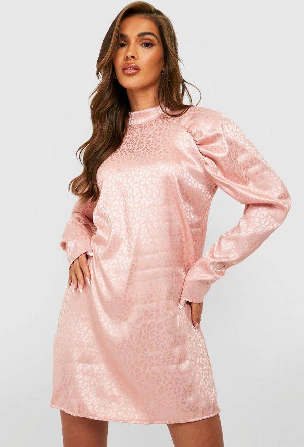 boohoo Jaquard Satijnen Mini Jurk Met Pofmouwen, Rose