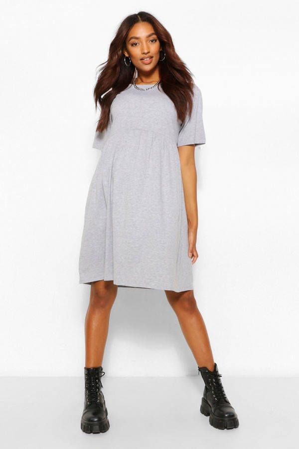 boohoo Positiekleding Gesmokte Jurk Met Ronde Hals, Grijs Gemê, leerd