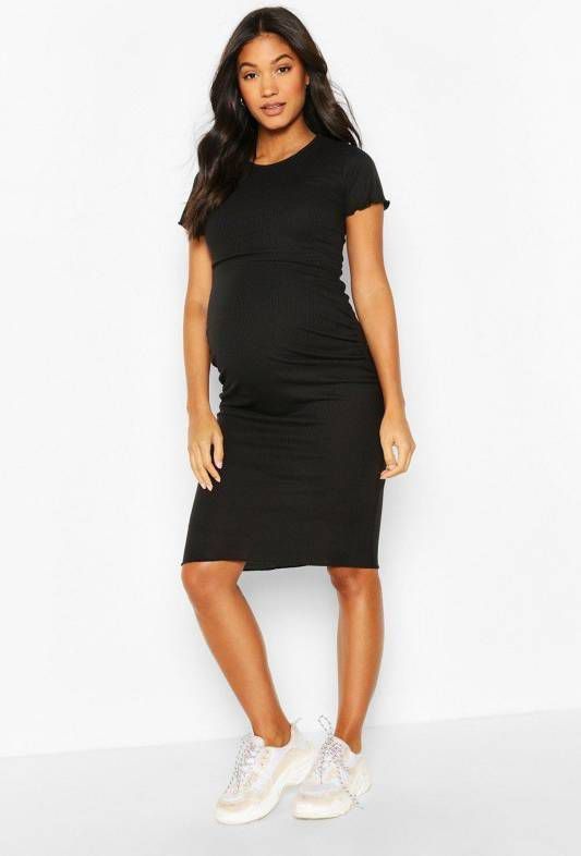 boohoo Zwangerschap Midi Jurk Met Lettuce Edge, Zwart