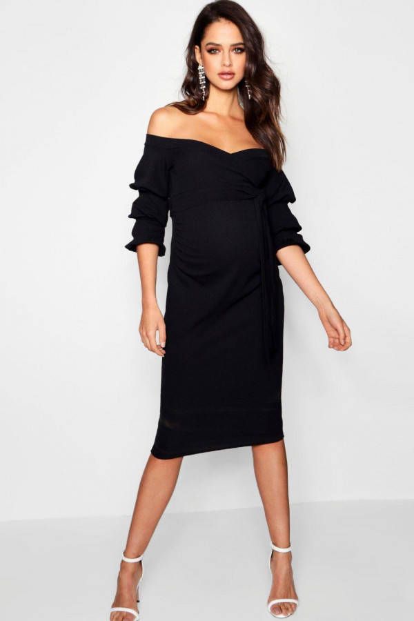 boohoo Zwangerschap Midi Jurk Met Open Schouders, Zwart