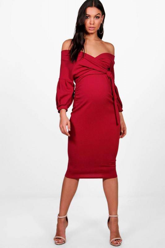 boohoo Zwangerschaps Midi Wikkel Jurk Met Open Schouders, Berry