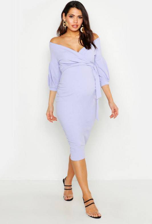 boohoo Zwangerschaps Midi Wikkel Jurk Met Open Schouders, Lila