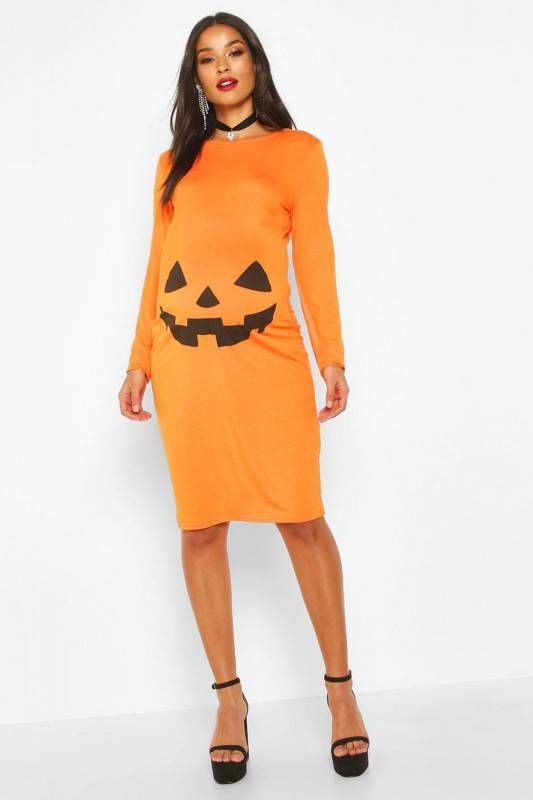 boohoo Halloween Positie Bodycon Jurk Met Pompoen, Oranje