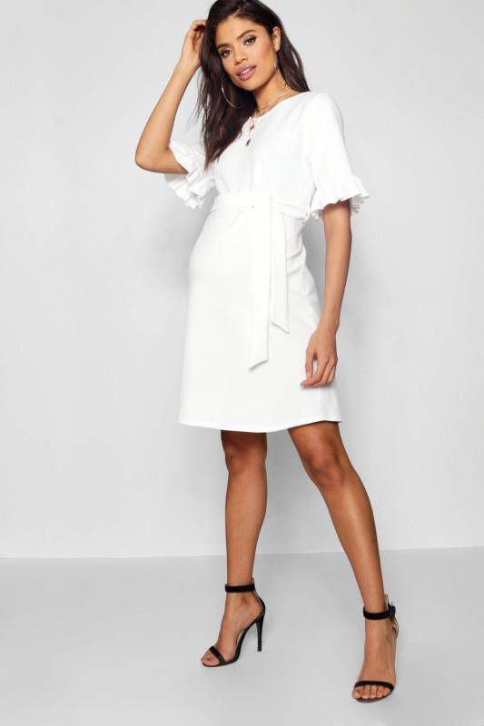 boohoo Zwangerschap Gesmokte Jurk Met Ruches En Ceintuur, Ivoor