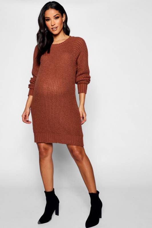 boohoo Zwangerschap Zachte Gebreide Trui Jurk, Tabak