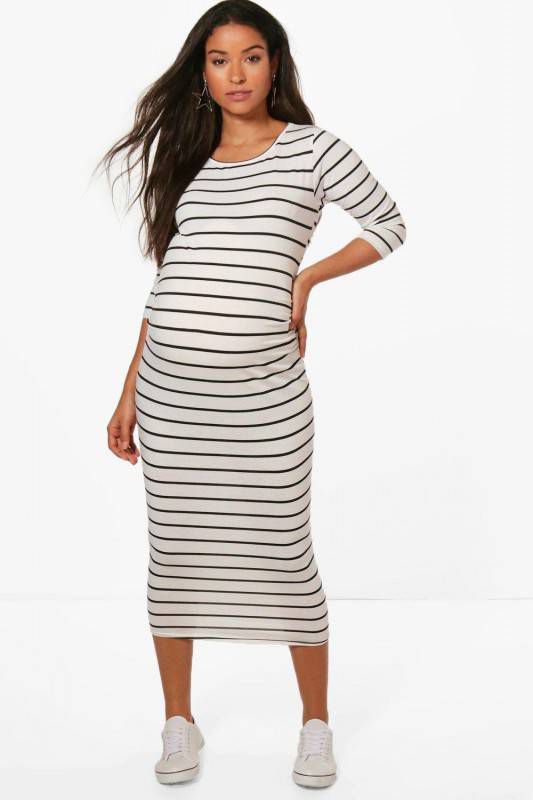 boohoo Zwangerschaps Gestreepte Midi Jurk Met Driekwartsmouw, Zwart