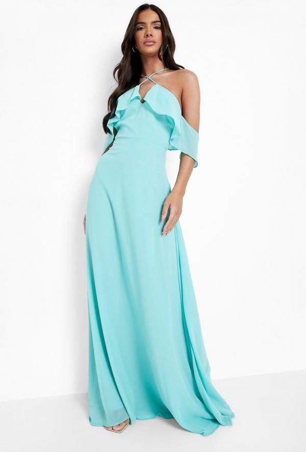 boohoo Maxi Jurk Met Halter Neck En Ruches, Mint