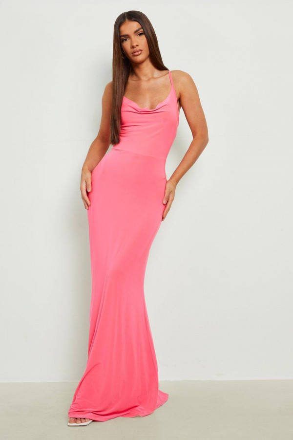 boohoo Maxi Jurk Met Waterval Hals, Hot Pink