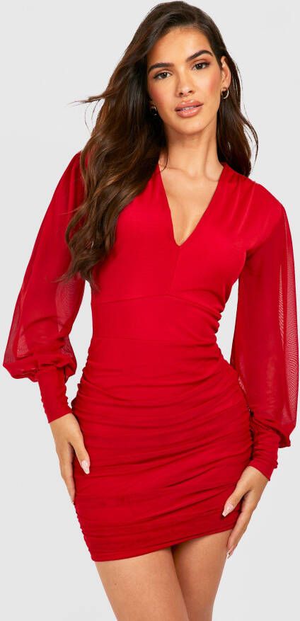 boohoo Mesh Mini Jurk Met Laag Decolleté, En Shirtmouwen, Red