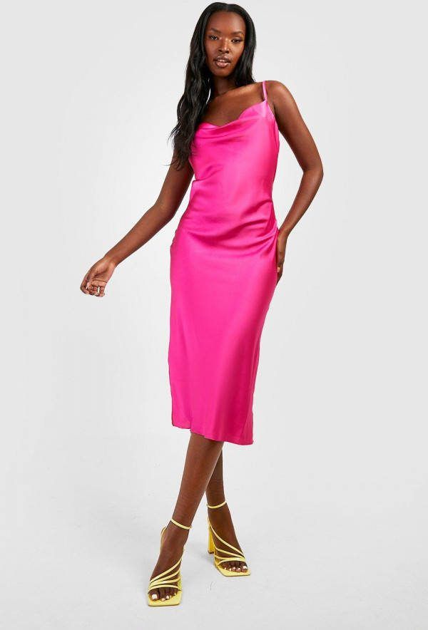 boohoo Midi Jurk Met Bandjes En Waterval Hals, Hot Pink