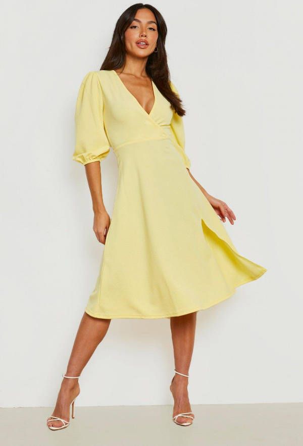 boohoo Midi Skater Jurk Met Pofmouwen En Zijsplit, Lemon