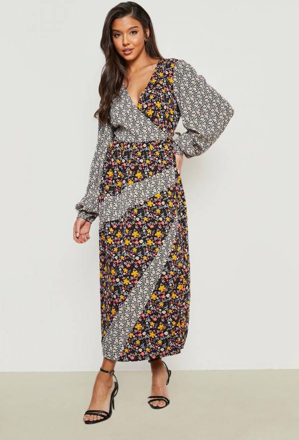 boohoo Midi Wikkel Jurk Met Print, Multi